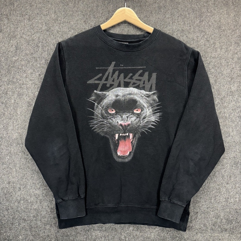 Vintage Stussy Panther Sweatshirt Mens Medium Black USA Graphic Print